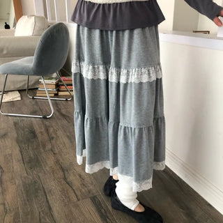 Lace Frill Tiered Long Skirt Elastic Skirt