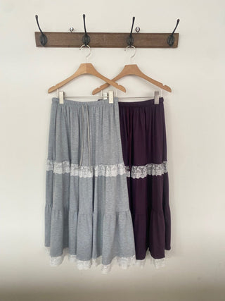 Lace Frill Tiered Long Skirt Elastic Skirt