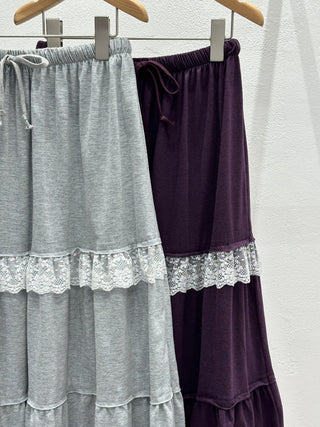 Lace Frill Tiered Long Skirt Elastic Skirt