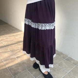Lace Frill Tiered Long Skirt Elastic Skirt
