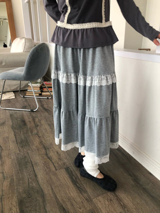 Lace Frill Tiered Long Skirt Elastic Skirt