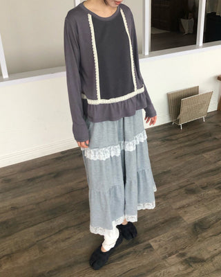 Lace Frill Tiered Long Skirt Elastic Skirt