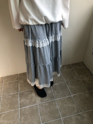 Lace Frill Tiered Long Skirt Elastic Skirt