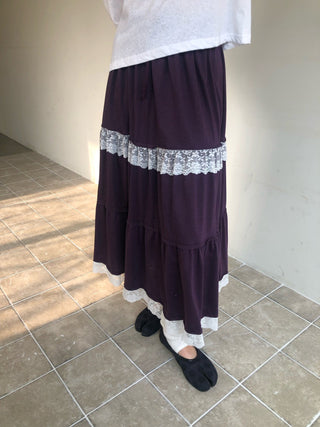 Lace Frill Tiered Long Skirt Elastic Skirt