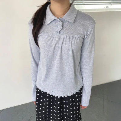 Button stripe frill polo shirt striped polo shirt long sleeve