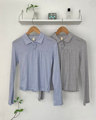 Button stripe frill polo shirt striped polo shirt long sleeve