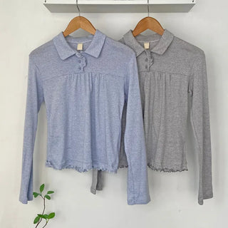 Button stripe frill polo shirt striped polo shirt long sleeve