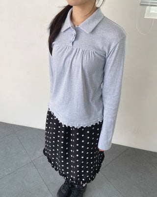 Button stripe frill polo shirt striped polo shirt long sleeve