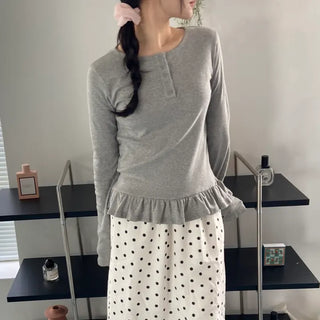 Button Henley neck frill t-shirt layered long sleeves