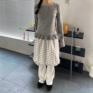 Button Henley neck frill t-shirt layered long sleeves