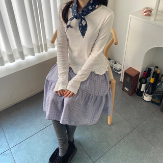 Button Henley neck frill t-shirt layered long sleeves