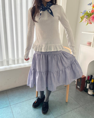 Button Henley neck frill t-shirt layered long sleeves