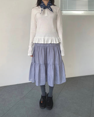 Button Henley neck frill t-shirt layered long sleeves