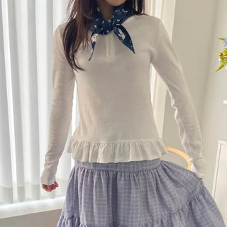 Button Henley neck frill t-shirt layered long sleeves