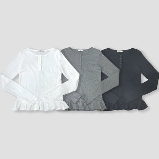 Button Henley neck frill t-shirt layered long sleeves