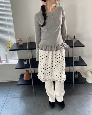 Button Henley neck frill t-shirt layered long sleeves