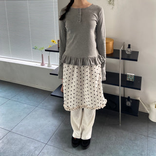 Button Henley neck frill t-shirt layered long sleeves