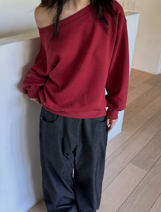 One-shoulder terry sweatshirt, loose-fit off-shoulder sweatshirt