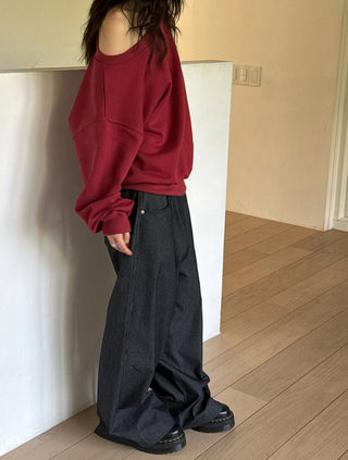 One-shoulder terry sweatshirt, loose-fit off-shoulder sweatshirt