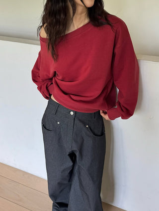 One-shoulder terry sweatshirt, loose-fit off-shoulder sweatshirt