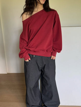 One-shoulder terry sweatshirt, loose-fit off-shoulder sweatshirt