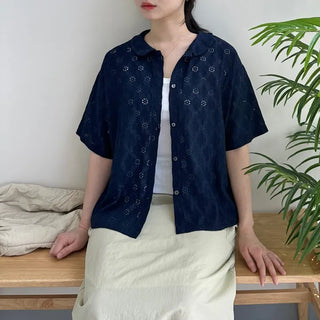 Round Collar Punched Short Sleeve Blouse Oversized Blouse