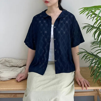 Round Collar Punched Short Sleeve Blouse Oversized Blouse