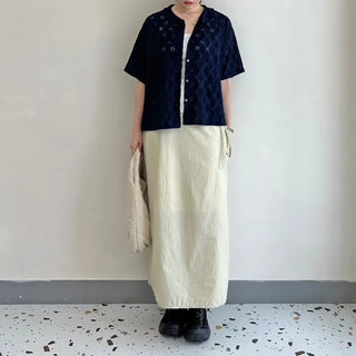 Round Collar Punched Short Sleeve Blouse Oversized Blouse