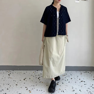Round Collar Punched Short Sleeve Blouse Oversized Blouse