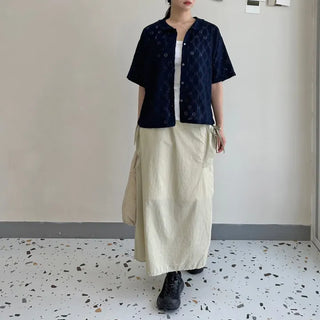 Round Collar Punched Short Sleeve Blouse Oversized Blouse