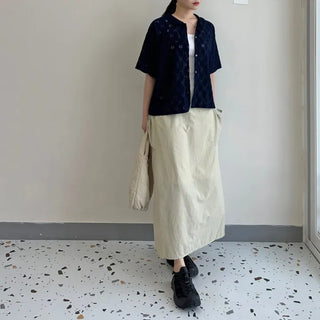Round Collar Punched Short Sleeve Blouse Oversized Blouse