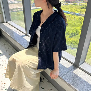 Round Collar Punched Short Sleeve Blouse Oversized Blouse