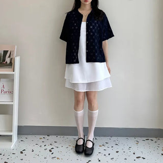 Round Collar Punched Short Sleeve Blouse Oversized Blouse