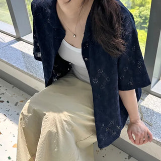 Round Collar Punched Short Sleeve Blouse Oversized Blouse