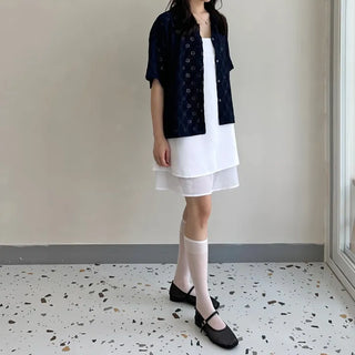 Round Collar Punched Short Sleeve Blouse Oversized Blouse