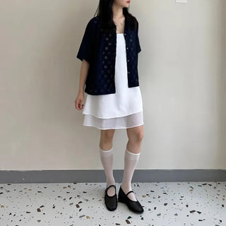 Round Collar Punched Short Sleeve Blouse Oversized Blouse