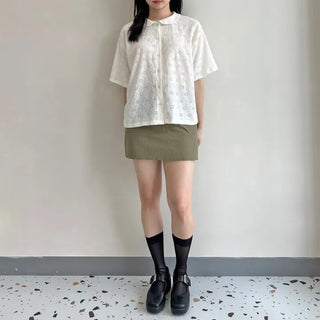 Round Collar Punched Short Sleeve Blouse Oversized Blouse