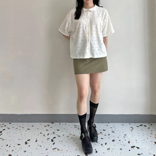 Round Collar Punched Short Sleeve Blouse Oversized Blouse