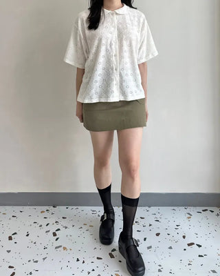 Round Collar Punched Short Sleeve Blouse Oversized Blouse