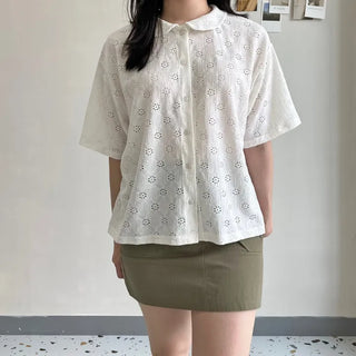Round Collar Punched Short Sleeve Blouse Oversized Blouse