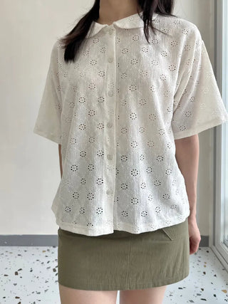 Round Collar Punched Short Sleeve Blouse Oversized Blouse