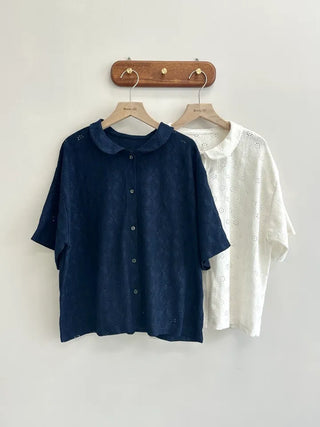 Round Collar Punched Short Sleeve Blouse Oversized Blouse