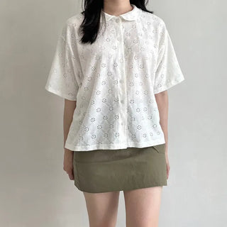 Round Collar Punched Short Sleeve Blouse Oversized Blouse