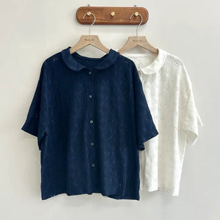 Round Collar Punched Short Sleeve Blouse Oversized Blouse