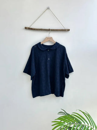 Round Collar Punched Short Sleeve Blouse Oversized Blouse
