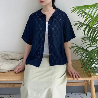 Round Collar Punched Short Sleeve Blouse Oversized Blouse