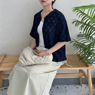 Round Collar Punched Short Sleeve Blouse Oversized Blouse