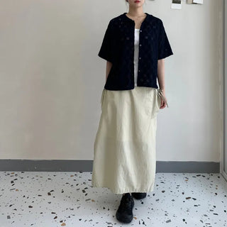 Round Collar Punched Short Sleeve Blouse Oversized Blouse