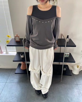Knee ribbon pants, training pants, elastic waist sweatpants