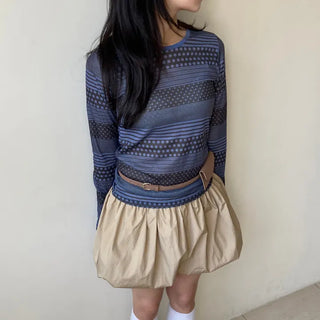 Punched striped dot pattern long-sleeve T-shirt